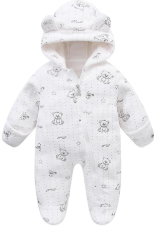 Combinezoane - Combinezon bebelusi, Flausat, Cu urechi, Alb cu ursuleti