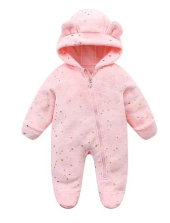 Costumase toamna-iarna - Combinezon bebelusi, Flausat, Cu urechi, Roz cu stelute