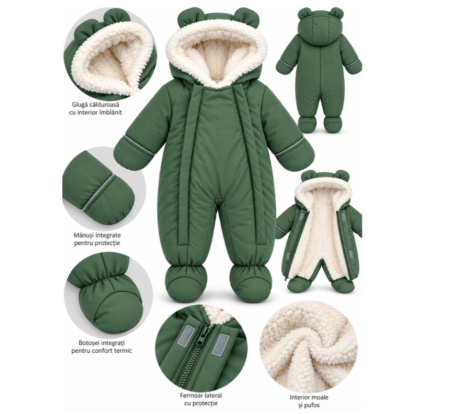 Combinezoane - Combinezon de iarnă pentru bebeluși, din fas, imblanit integral, verde crud