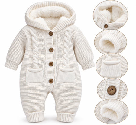 Combinezoane - Combinezon tricotat, pentru bebe, Imblanit integral, Alb cu buzunare