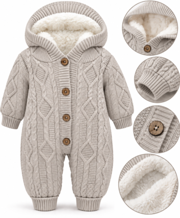 Combinezoane - Combinezon tricotat, pentru bebe, Imblanit integral, Bej