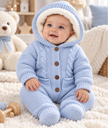 Combinezoane - Combinezon tricotat, pentru bebe, Imblanit integral, Bleu cu buzunare