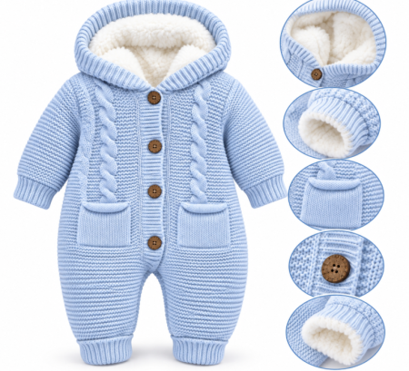 Combinezoane - Combinezon tricotat, pentru bebe, Imblanit integral, Bleu cu buzunare