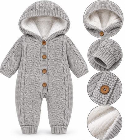 Combinezoane - Combinezon tricotat, pentru bebe, Imblanit integral, gri