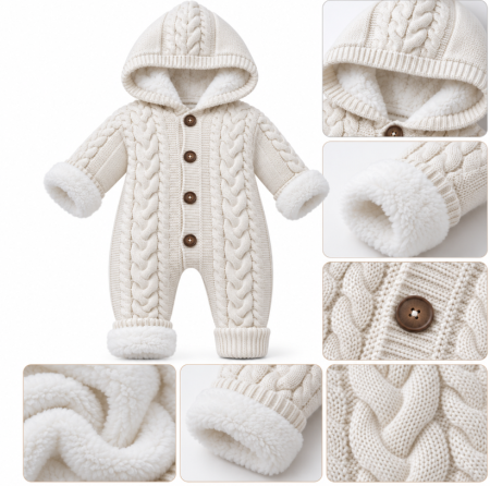Combinezoane - Combinezon tricotat, pentru bebe, Imblanit integral, Ivoire