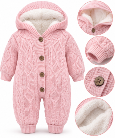 Combinezoane - Combinezon tricotat, pentru bebe, Imblanit integral, Roz
