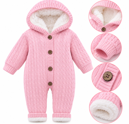 Combinezoane - Combinezon tricotat, pentru bebe, Imblanit integral, Roz aprins