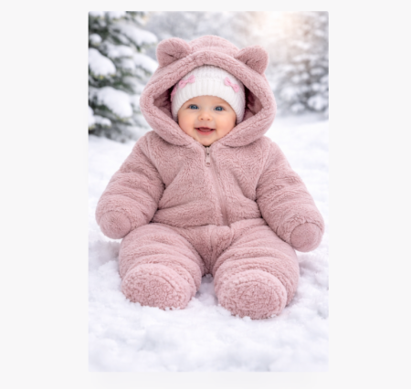 Combinezoane - Combinezon ursulet cu urechi, gros, Vitamins Baby, Roz pudra