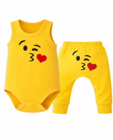 Haine bebe baietei - Compleu 2 piese, Imprimeu Emoji, Bebe iubitor