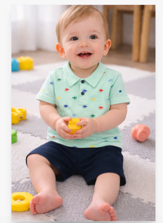 Set nou nascut - Compleu 2 piese, de vara, pentru baietei, Broscute