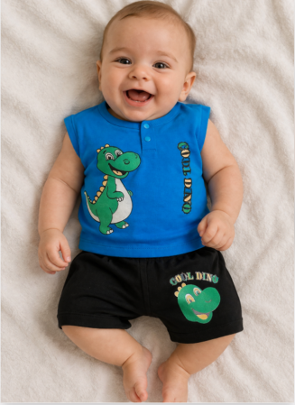 Haine bebe baietei - Compleu 2 piese, de vara, pentru baietei, Dino, Albastru inchis