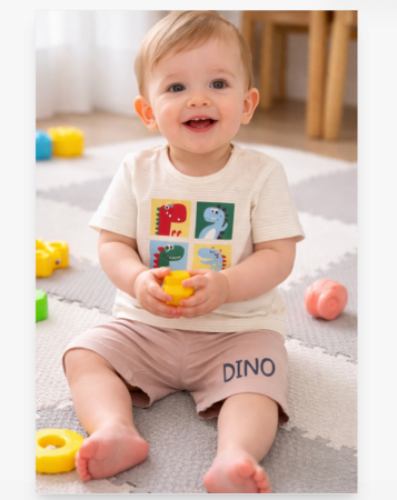 Set nou nascut - Compleu 2 piese, de vara, pentru baietei, Dino, bej