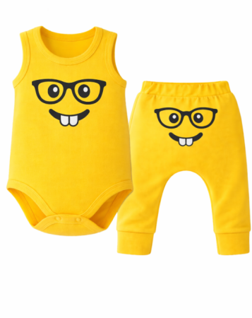 Haine bebe baietei - Compleu 2 piese, Imprimeu Emoji, Bebe dintisori