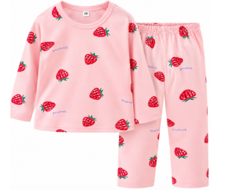 Haine bebe fetite - Compleu 2 piese, pentru copii, tip pijama, din bumbac 100%, Capsunica