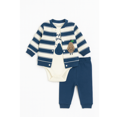 Set nou nascut - Compleu 3 piese, cu body, Eu pap fructe, albastru