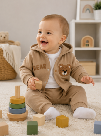 Set nou nascut - Compleu 3 piese, cu body, Eu pap fructe, Bej