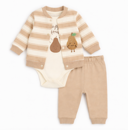 Costumase - Compleu 3 piese, cu body, Eu pap fructe, Bej