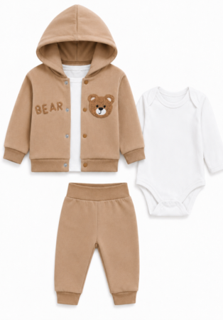 Set nou nascut - Compleu 3 piese, cu body, Eu pap fructe, Bej