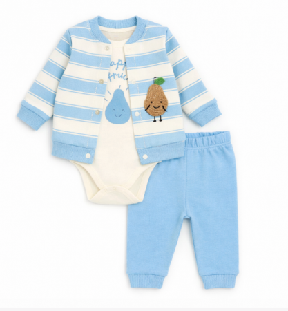 Set nou nascut - Compleu 3 piese, cu body, Eu pap fructe, Bleu