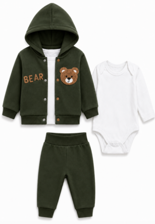 Set nou nascut - Compleu 3 piese, cu body, Eu pap fructe, Verde