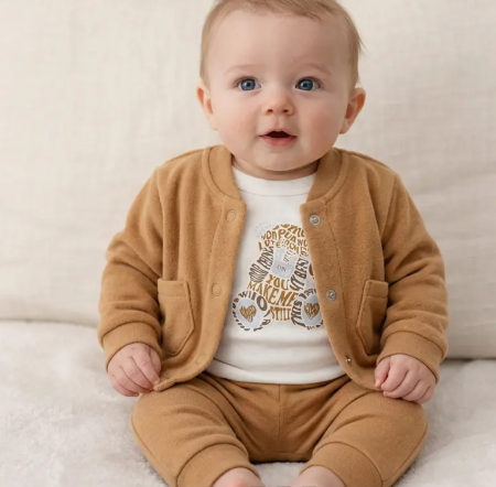 Set nou nascut - Compleu 3 piese, cu body, stilizat, maro