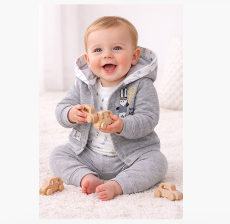 Set nou nascut - Compleu 3 piese, cu body, Tenis baby, Gri