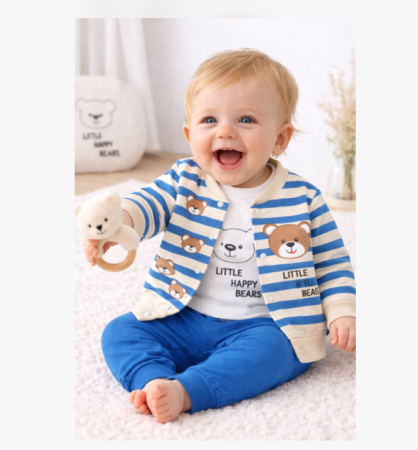 Set nou nascut - Compleu 3 piese, cu body, Ursuleti, Albastru