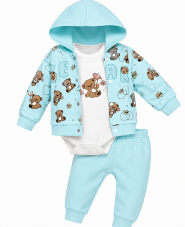Costumase - Compleu 3 piese, cu body, Ursuletul cu floricele, vernil