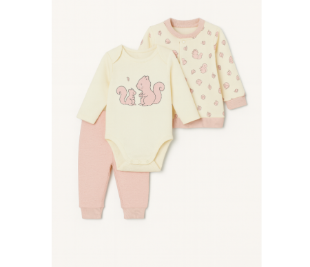 Set nou nascut - Compleu 3 piese, cu body, Veverita haioasa