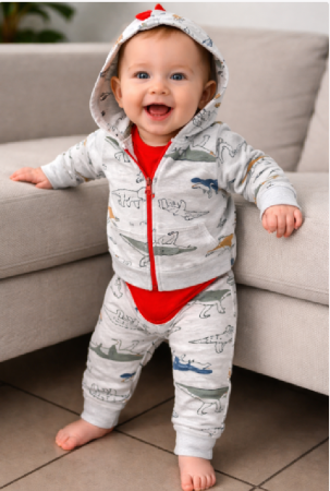 Haine bebe baietei - Compleu 3 piese, cu gluga, Dinozauri