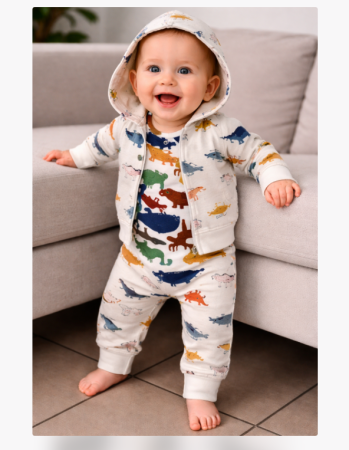 Haine bebe baietei - Compleu 3 piese, cu gluga, Dinozauri colorati, 6-9 luni