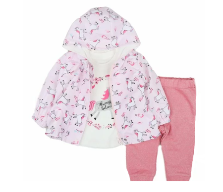 Set nou nascut - Compleu 3 piese,cu gluga,roz