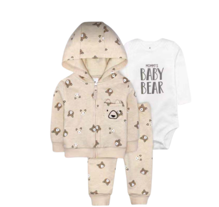 Set nou nascut - Compleu 3 piese, cu gluga, ursuleti bej