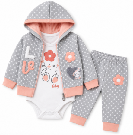 Set nou nascut - Compleu 3 piese, Flori de camp, Roz