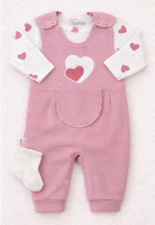 Haine bebe fetite - Compleu 3 piese, roz cu inimioare, salopeta, body si ciorapei