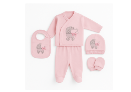 Set nou nascut - Compleu 5 piese, 0-3 luni, model primul carucior, roz