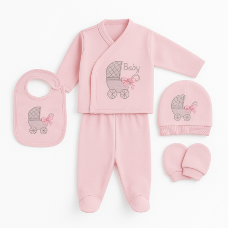 Set nou nascut - Compleu 5 piese, 0-3 luni, model primul carucior, roz