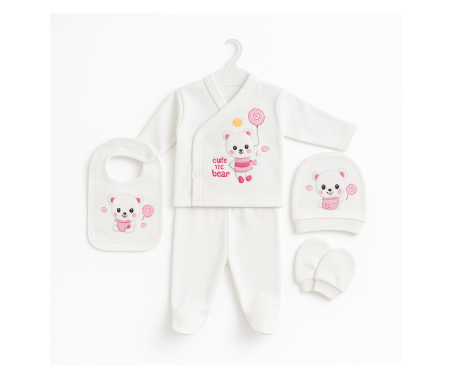 Set nou nascut - Compleu 5 piese, 0-3 luni, model ursulet cu balonase, alb roz