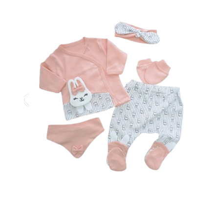 Set nou nascut - Compleu 5 piese, iepuras, 52-56 cm