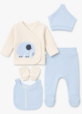 Costumase vara-primavara - Compleu bebe 5 piese,0-3 luni, model elefantel norocos