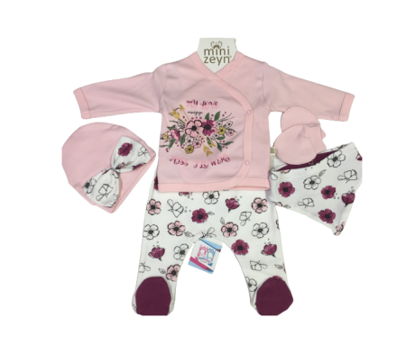 Bluze si pulovere - Compleu bebe 5 piese,0-3 luni,model floricele