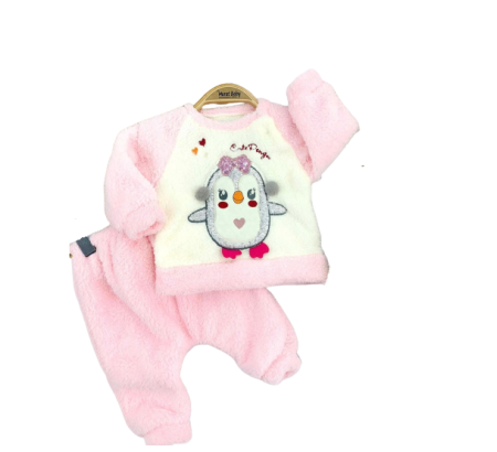 Set nou nascut - Compleu bebe,cocolino gros,model pinguin, Roz