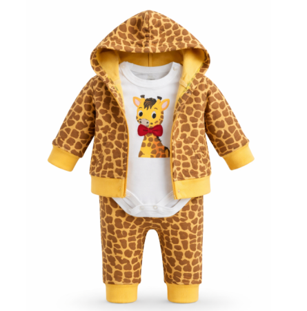 Bluze si pulovere - Compleu bebe, cu hanorac, 3 piese, girafa cu papion