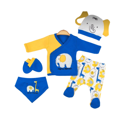 Costumase - Compleu copii, 5 piese, Bubu-Still, 1-3 luni, 52-56 cm, Animalute nazdravane, albastru