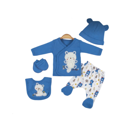 Set nou nascut - Compleu copii, 5 piese, Bubu-Still, 1-3 luni, 52-56 cm, Animalute nazdravane, albastru gri