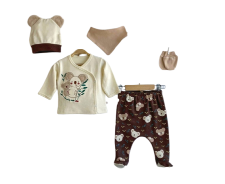Set nou nascut - Compleu copii, 5 piese, Bubu-Still, 1-3 luni, 52-56 cm, Animalute nazdravane,BEJ