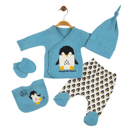 Set nou nascut - Compleu copii, 5 piese, Bubu-Still, 1-3 luni, 52-56 cm, Animalute nazdravane, elefantel albastru