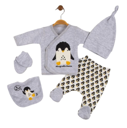 Set nou nascut - Compleu copii, 5 piese, Bubu-Still, 1-3 luni, 52-56 cm, Animalute nazdravane, elefantel gri