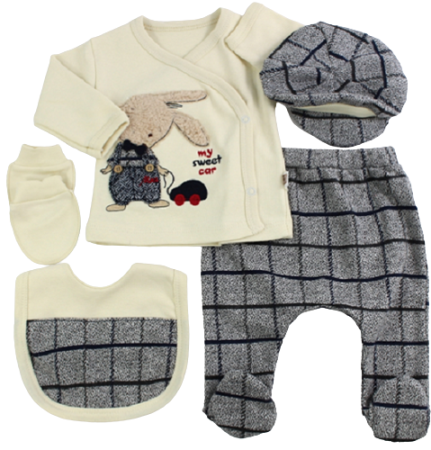 Set nou nascut - Compleu copii, 5 piese, Bubu-Still, 1-3 luni, 52-56 cm, Animalute nazdravane,GRI