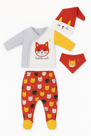 Set nou nascut - Compleu copii, 5 piese, Bubu-Still, 1-3 luni, 52-56 cm, Animalute nazdravane, Rosu / Alb